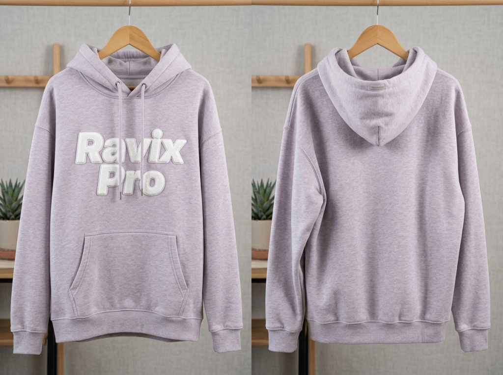 Puff Print vs Embroidery vs DTF: Choosing the Right Logo Method Custom Lavender Hoodie with Puff Print Logo – custom manufactured by Ravix Pro Industry, Sialkot, Pakistan
