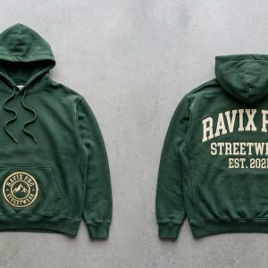 Custom Forest Green Streetwear Hoodie with Circle Badge and Back Print – custom manufactured by Ravix Pro Industry, Sialkot, Pakistan