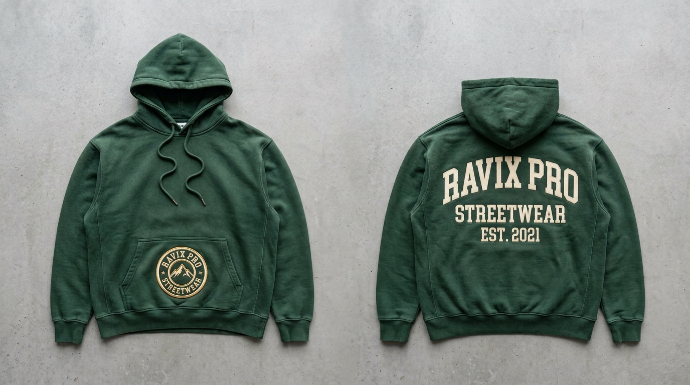 Custom Forest Green Streetwear Hoodie with Circle Badge and Back Print Custom Forest Green Streetwear Hoodie with Circle Badge and Back Print – custom manufactured by Ravix Pro Industry, Sialkot, Pakistan