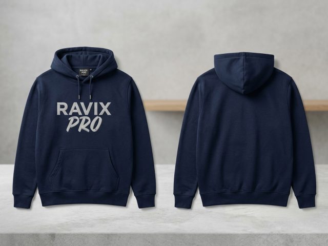 Custom Navy Hoodie with White Logo – custom manufactured by Ravix Pro Industry, Sialkot, Pakistan