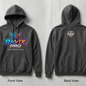 Custom Charcoal Hoodie with Colour Splash Logo – custom manufactured by Ravix Pro Industry, Sialkot, Pakistan