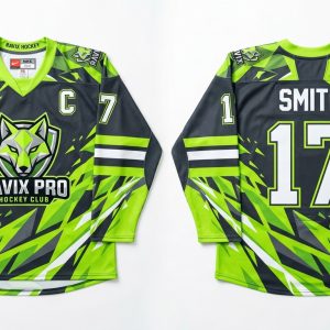 Custom Black and Lime Green Ice Hockey Uniform – custom manufactured by Ravix Pro Industry, Sialkot, Pakistan
