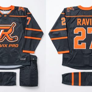 Custom Black and Orange Ice Hockey Uniform – custom manufactured by Ravix Pro Industry, Sialkot, Pakistan