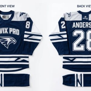 Custom Navy and White Ice Hockey Uniform with Eagle Crest and Hem Stripes – custom manufactured by Ravix Pro Industry, Sialkot, Pakistan
