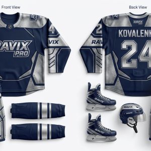 Custom Navy and Silver Ice Hockey Uniform with Shoulder Yoke – custom manufactured by Ravix Pro Industry, Sialkot, Pakistan