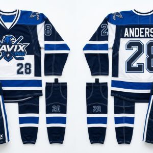 Custom Navy and White Ice Hockey Uniform with Crossed Sticks Crest – custom manufactured by Ravix Pro Industry, Sialkot, Pakistan
