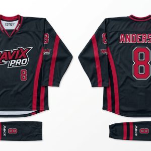 Custom Black and Red Ice Hockey Uniform – custom manufactured by Ravix Pro Industry, Sialkot, Pakistan