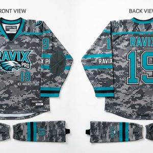 Custom Teal and Grey Ice Hockey Uniform – custom manufactured by Ravix Pro Industry, Sialkot, Pakistan