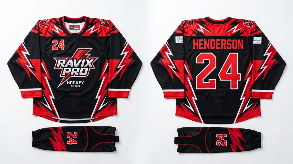 Custom Black and Red Ice Hockey Uniform with Lightning Bolt Sleeves – custom manufactured by Ravix Pro Industry, Sialkot, Pakistan