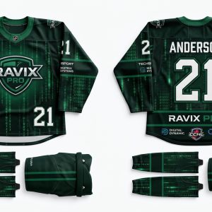 Custom Forest Green and Black Circuit Pattern Ice Hockey Uniform – custom manufactured by Ravix Pro Industry, Sialkot, Pakistan