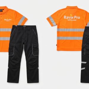 Custom Fluorescent Orange and Black Hi-Vis Safety Workwear – custom manufactured by Ravix Pro Industry, Sialkot, Pakistan
