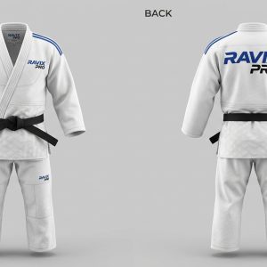 Custom White and Royal Blue Judo Gi – custom manufactured by Ravix Pro Industry, Sialkot, Pakistan