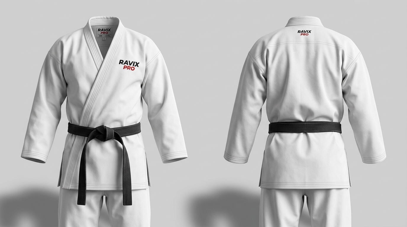 Custom White Karate Gi with Red Chest Logo Custom White Karate Gi with Red Chest Logo with Red Chest Logo – custom manufactured by Ravix Pro Industry, Sialkot, Pakistan