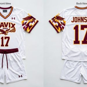 Custom White and Maroon Lacrosse Uniform with Feather Sleeve Print – custom manufactured by Ravix Pro Industry, Sialkot, Pakistan