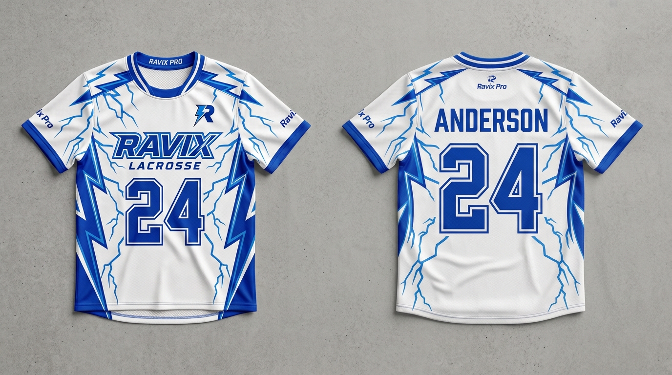 Custom White and Royal Blue Lacrosse Uniform Custom White and Royal Blue Lacrosse Uniform – custom manufactured by Ravix Pro Industry, Sialkot, Pakistan