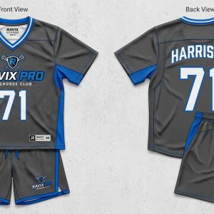 Custom Grey and Royal Blue Lacrosse Uniform – custom manufactured by Ravix Pro Industry, Sialkot, Pakistan