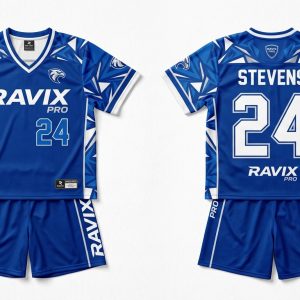 Custom Royal Blue and White Splash Lacrosse Uniform – custom manufactured by Ravix Pro Industry, Sialkot, Pakistan