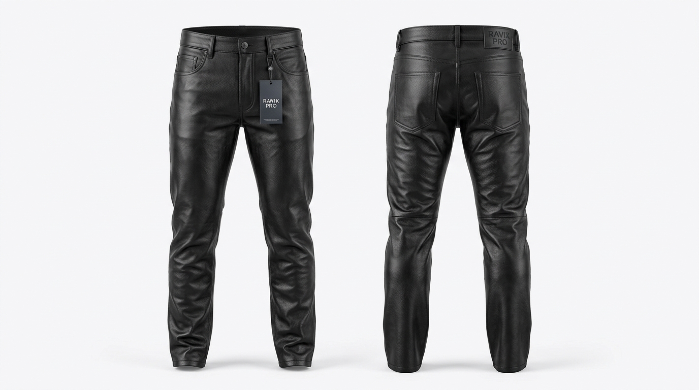 Custom Black Five-Pocket Leather Jeans Custom Black Five-Pocket Leather Jeans – custom manufactured by Ravix Pro Industry, Sialkot, Pakistan