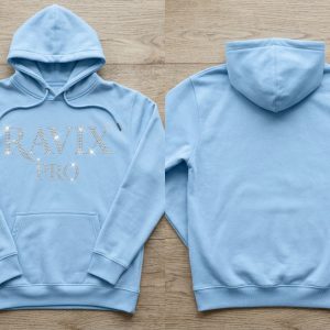 Custom Light Blue Rhinestone Logo Hoodie – custom manufactured by Ravix Pro Industry, Sialkot, Pakistan