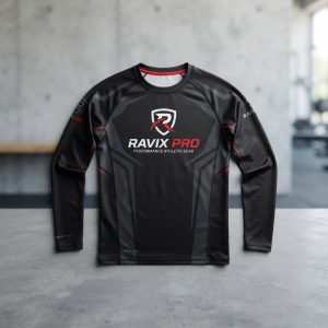 Custom Black and Red Long Sleeve Rash Guard – custom manufactured by Ravix Pro Industry, Sialkot, Pakistan