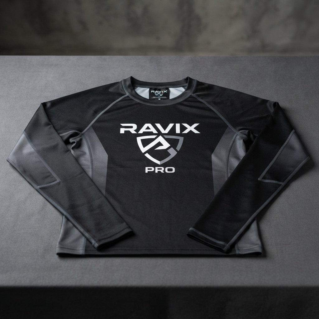 Custom Black Long Sleeve MMA Rash Guard – view 5 Custom Black Long Sleeve MMA Rash Guard – alternate view, made by Ravix Pro Industry, Sialkot