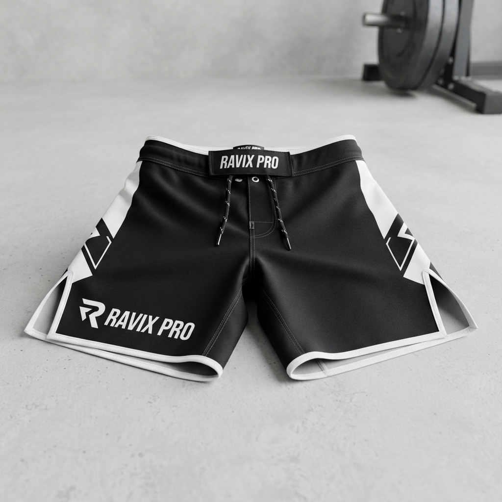 Custom Black and White MMA Fight Shorts – view 3 Custom Black and White MMA Fight Shorts – alternate view, made by Ravix Pro Industry, Sialkot