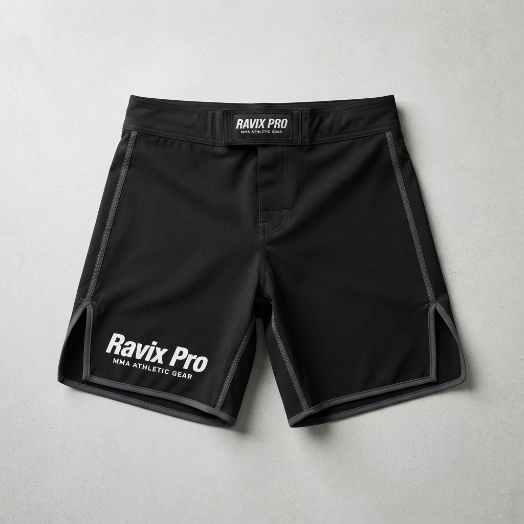 Custom Black MMA Shorts with Side Slits – view 3 Custom Black MMA Shorts with Side Slits – alternate view, made by Ravix Pro Industry, Sialkot
