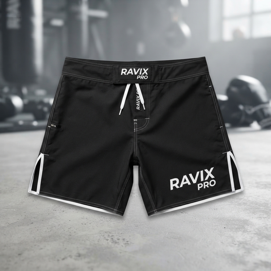 Custom Black and White MMA Fight Shorts – view 4 Custom Black and White MMA Fight Shorts – alternate view, made by Ravix Pro Industry, Sialkot