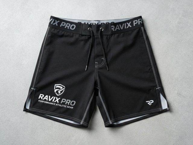 Custom Black MMA Shorts with Side Slits – custom manufactured by Ravix Pro Industry, Sialkot, Pakistan