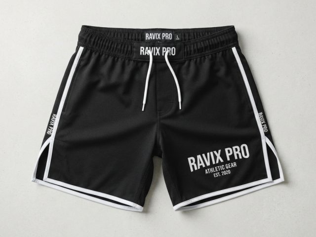 Custom Black and White MMA Fight Shorts – custom manufactured by Ravix Pro Industry, Sialkot, Pakistan