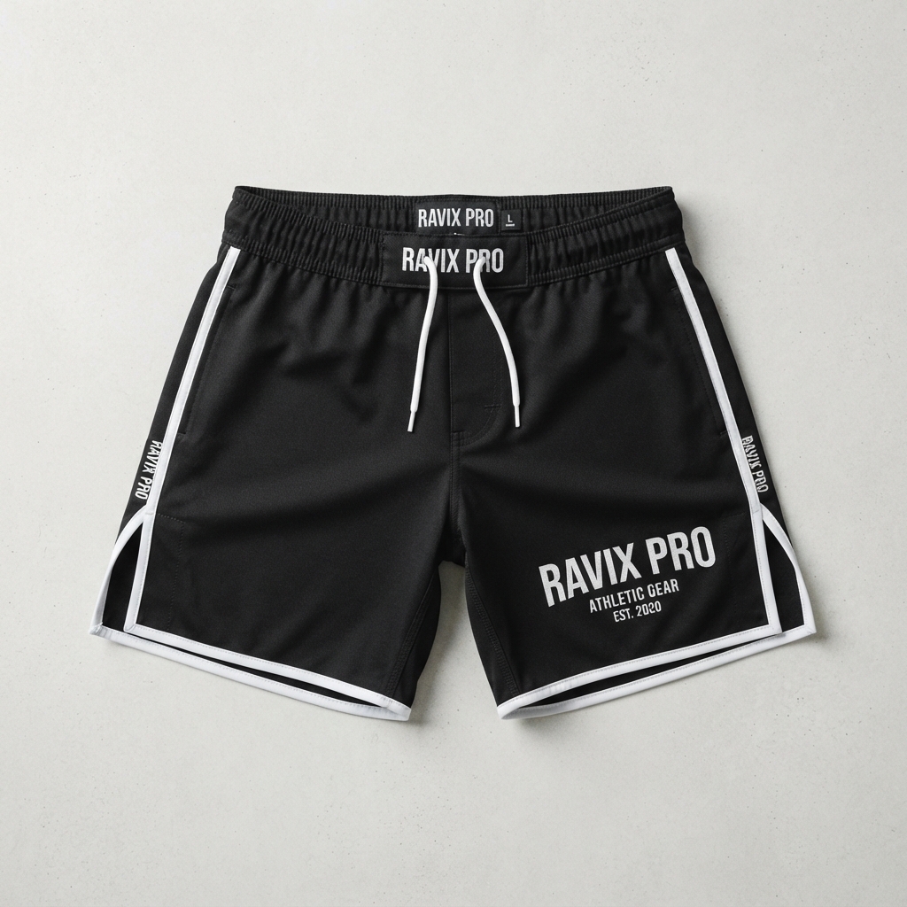 Custom Black and White MMA Fight Shorts – custom manufactured by Ravix Pro Industry, Sialkot, Pakistan