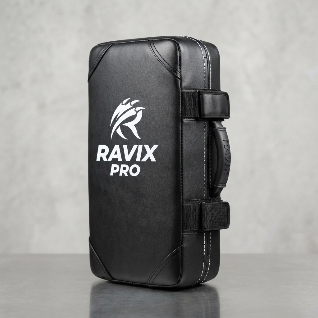 Custom Black MMA Kick Shield – view 2 Custom Black MMA Kick Shield – alternate view, made by Ravix Pro Industry, Sialkot