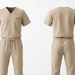 Custom Beige Medical Scrubs Set – custom manufactured by Ravix Pro Industry, Sialkot, Pakistan