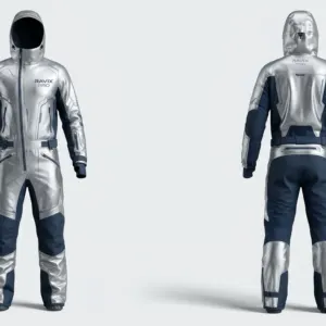 Custom Silver Metallic and Navy Metallic One-Piece Ski Suit by Ravix Pro Industry, ski wear manufacturer in Sialkot, Pakistan