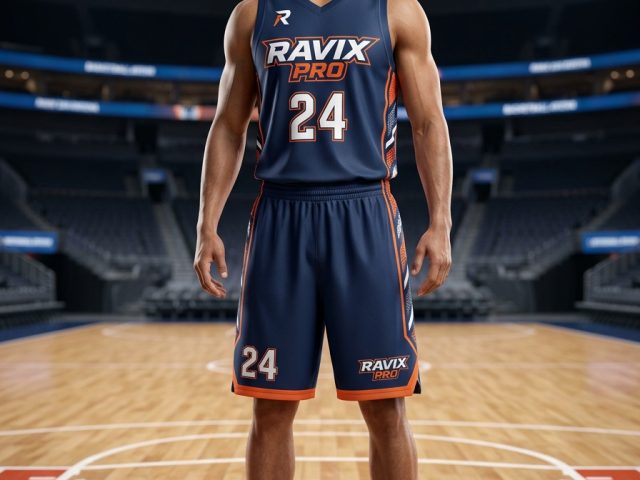 Custom Navy and White Team Basketball Uniform – alternate view, made by Ravix Pro Industry, Sialkot