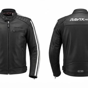 Custom Black and White Motorcycle Leather Jacket – custom manufactured by Ravix Pro Industry, Sialkot, Pakistan