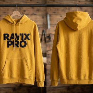 Custom Mustard Hoodie with Black Logo – custom manufactured by Ravix Pro Industry, Sialkot, Pakistan