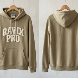 Custom Khaki Hoodie with Cream Logo – custom manufactured by Ravix Pro Industry, Sialkot, Pakistan