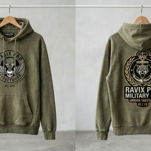 Custom Olive Drab Streetwear Hoodie – custom manufactured by Ravix Pro Industry, Sialkot, Pakistan