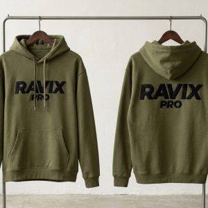 Custom Olive Hoodie with Black Logo – custom manufactured by Ravix Pro Industry, Sialkot, Pakistan