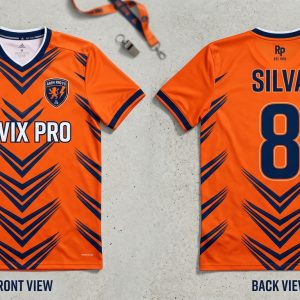 Custom Orange and Navy Chevron Football Shirt – custom manufactured by Ravix Pro Industry, Sialkot, Pakistan