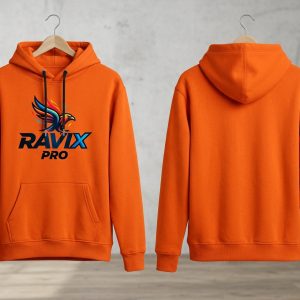 Custom Orange Hoodie with Eagle Logo – custom manufactured by Ravix Pro Industry, Sialkot, Pakistan