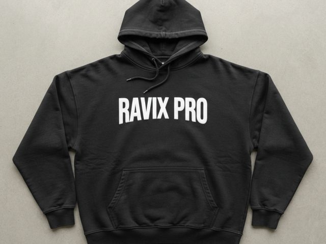 Custom Black Boxy Fit Hoodie – alternate view, made by Ravix Pro Industry, Sialkot