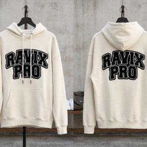 Custom Cream Hoodie with Bold Black Logo – custom manufactured by Ravix Pro Industry, Sialkot, Pakistan