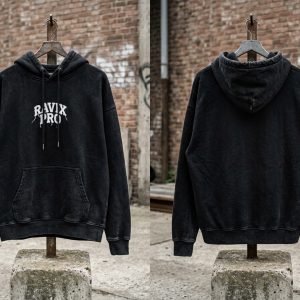 Custom Black Hoodie with Small White Logo – custom manufactured by Ravix Pro Industry, Sialkot, Pakistan