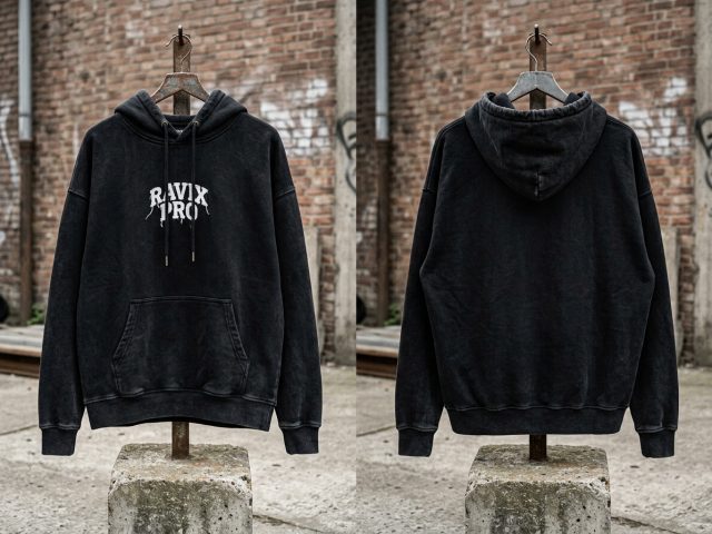 Custom Black Hoodie with Small White Logo – custom manufactured by Ravix Pro Industry, Sialkot, Pakistan