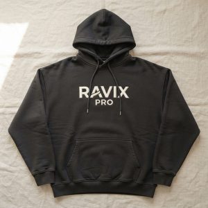 Custom Black Hoodie with Stacked Logo Print – custom manufactured by Ravix Pro Industry, Sialkot, Pakistan