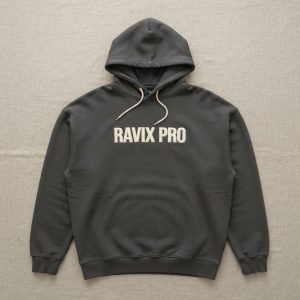 Custom Charcoal Hoodie with Embroidered Chest Logo – custom manufactured by Ravix Pro Industry, Sialkot, Pakistan
