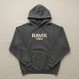 Custom Charcoal Hoodie with Stacked Logo Print – custom manufactured by Ravix Pro Industry, Sialkot, Pakistan