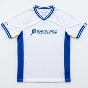 Custom White and Royal Blue Padel Shirt – custom manufactured by Ravix Pro Industry, Sialkot, Pakistan